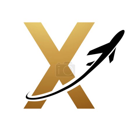 Illustration for Gold and Black Uppercase Letter X Icon with an Airplane on a White Background - Royalty Free Image