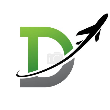 Illustration for Green and Black Antique Letter D Icon with an Airplane on a White Background - Royalty Free Image