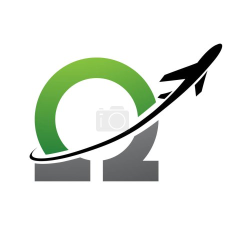 Illustration for Green and Black Antique Letter N Icon with an Airplane on a White Background - Royalty Free Image