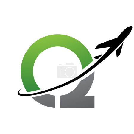Ilustración de Letra antigua verde y negra Q Icono con un avión sobre fondo blanco - Imagen libre de derechos