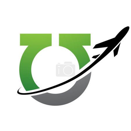 Illustration for Green and Black Antique Letter U Icon with an Airplane on a White Background - Royalty Free Image