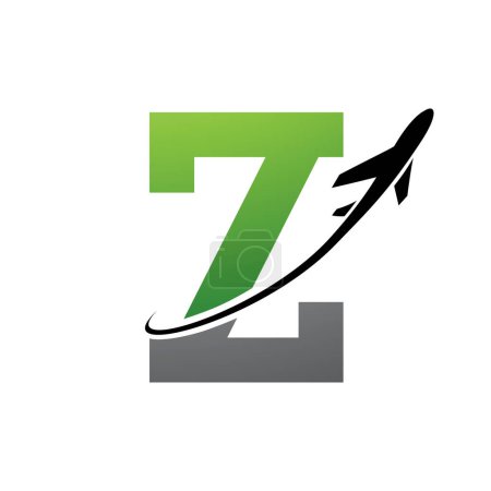 Illustration for Green and Black Antique Letter Z Icon with an Airplane on a White Background - Royalty Free Image