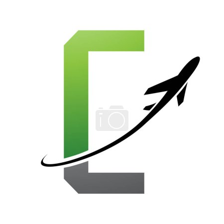 Illustration for Green and Black Futuristic Letter C Icon with an Airplane on a White Background - Royalty Free Image