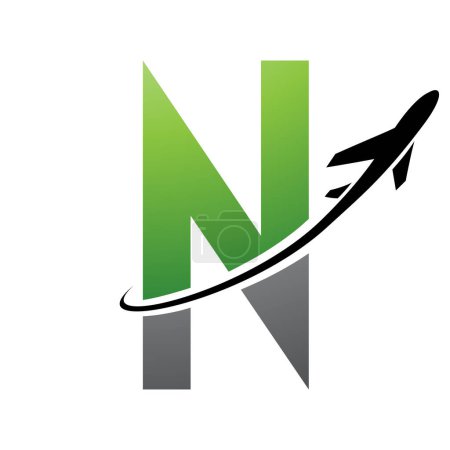 Illustration for Green and Black Futuristic Letter N Icon with an Airplane on a White Background - Royalty Free Image