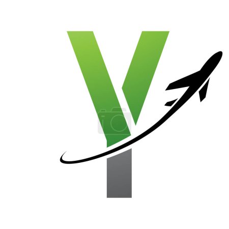 Illustration for Green and Black Futuristic Letter Y Icon with an Airplane on a White Background - Royalty Free Image
