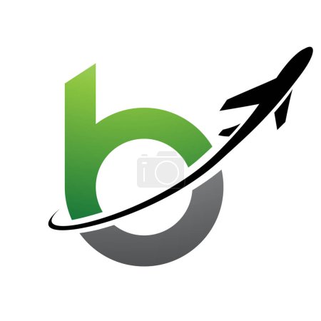 Ilustración de Icono verde y negro letra B minúscula con un avión sobre un fondo blanco - Imagen libre de derechos