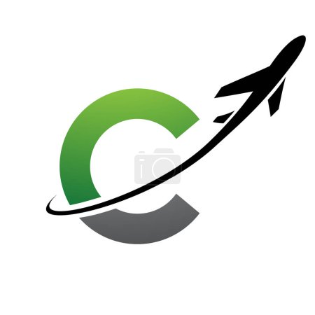 Ilustración de Icono verde y negro de letra C minúscula con un avión sobre un fondo blanco - Imagen libre de derechos