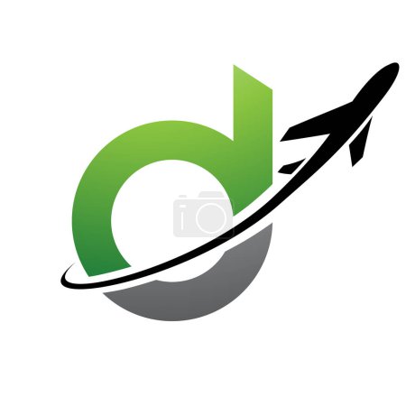 Illustration for Green and Black Lowercase Letter D Icon with an Airplane on a White Background - Royalty Free Image