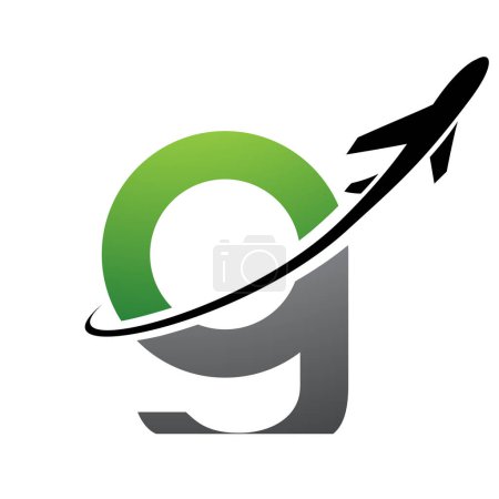 Ilustración de Icono verde y negro letra G minúscula con un avión sobre un fondo blanco - Imagen libre de derechos