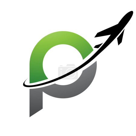 Illustration for Green and Black Lowercase Letter P Icon with an Airplane on a White Background - Royalty Free Image