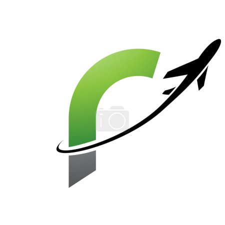 Illustration for Green and Black Lowercase Letter R Icon with an Airplane on a White Background - Royalty Free Image