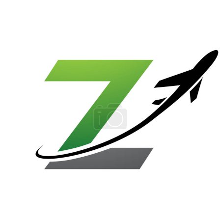 Illustration for Green and Black Lowercase Letter Z Icon with an Airplane on a White Background - Royalty Free Image