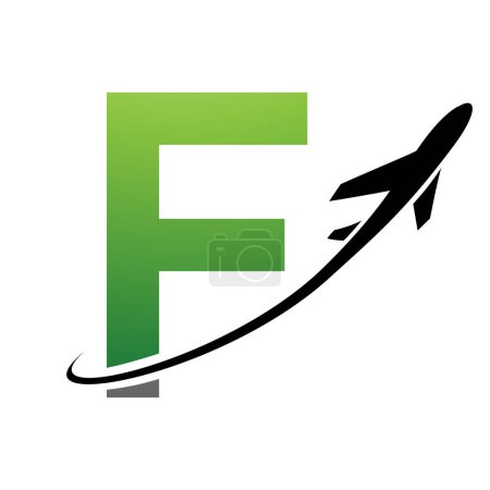 Ilustración de Letra F verde y negra en mayúsculas Icono con un avión sobre fondo blanco - Imagen libre de derechos