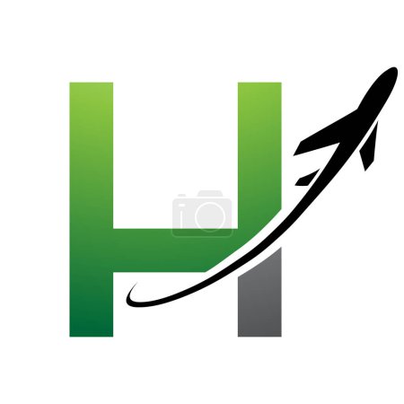 Illustration for Green and Black Uppercase Letter H Icon with an Airplane on a White Background - Royalty Free Image