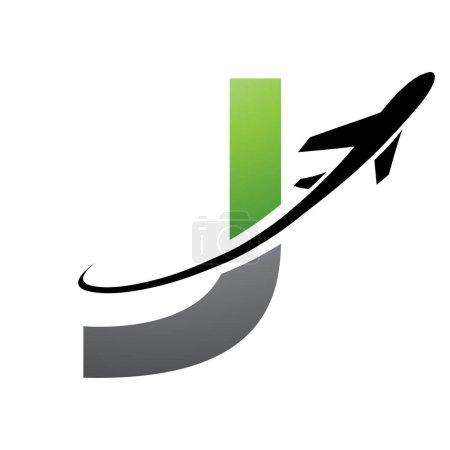 Ilustración de Letra mayúscula verde y negra J Icono con un avión sobre fondo blanco - Imagen libre de derechos