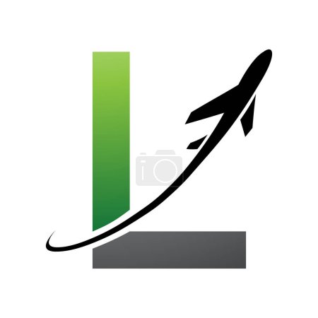 Illustration for Green and Black Uppercase Letter L Icon with an Airplane on a White Background - Royalty Free Image