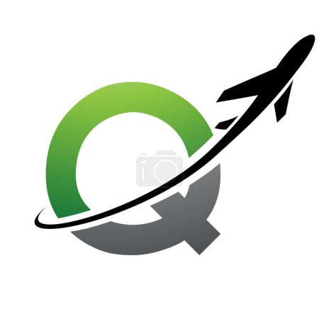 Téléchargez les illustrations : Lettre majuscule verte et noire Q Icône avec un avion sur fond blanc - en licence libre de droit