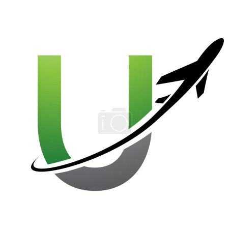 Illustration for Green and Black Uppercase Letter U Icon with an Airplane on a White Background - Royalty Free Image