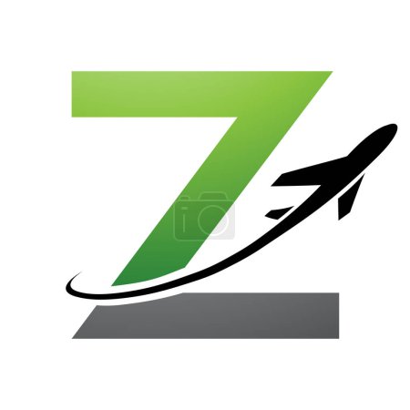 Ilustración de Letra Z verde y negra en mayúsculas Icono con un avión sobre fondo blanco - Imagen libre de derechos