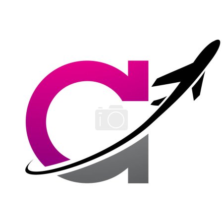 Illustration for Magenta and Black Antique Letter C Icon with an Airplane on a White Background - Royalty Free Image