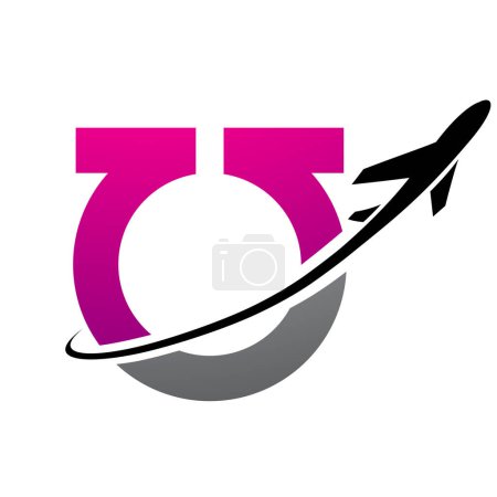 Illustration for Magenta and Black Antique Letter U Icon with an Airplane on a White Background - Royalty Free Image