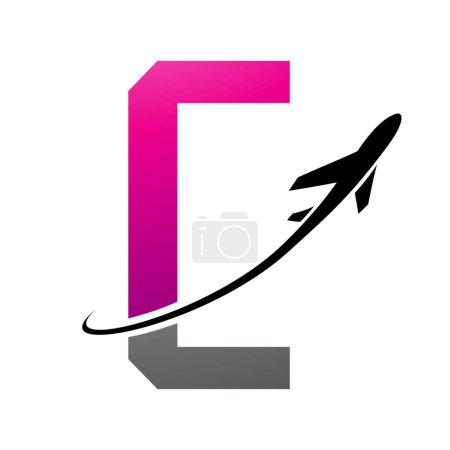 Illustration for Magenta and Black Futuristic Letter C Icon with an Airplane on a White Background - Royalty Free Image