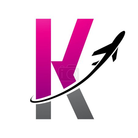 Illustration for Magenta and Black Futuristic Letter K Icon with an Airplane on a White Background - Royalty Free Image