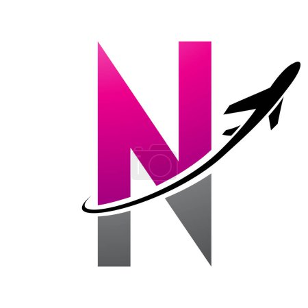 Illustration for Magenta and Black Futuristic Letter N Icon with an Airplane on a White Background - Royalty Free Image