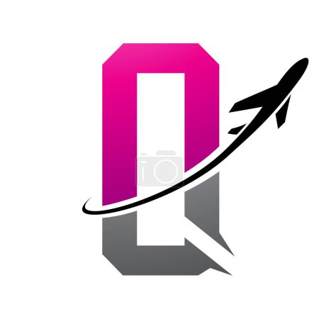 Illustration for Magenta and Black Futuristic Letter Q Icon with an Airplane on a White Background - Royalty Free Image