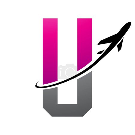 Illustration for Magenta and Black Futuristic Letter U Icon with an Airplane on a White Background - Royalty Free Image