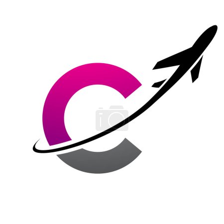 Illustration for Magenta and Black Lowercase Letter C Icon with an Airplane on a White Background - Royalty Free Image