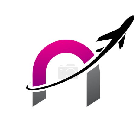 Illustration for Magenta and Black Lowercase Letter N Icon with an Airplane on a White Background - Royalty Free Image