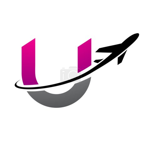 Illustration for Magenta and Black Lowercase Letter U Icon with an Airplane on a White Background - Royalty Free Image