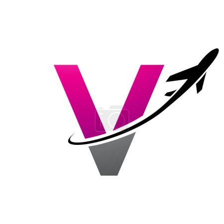 Illustration for Magenta and Black Lowercase Letter V Icon with an Airplane on a White Background - Royalty Free Image