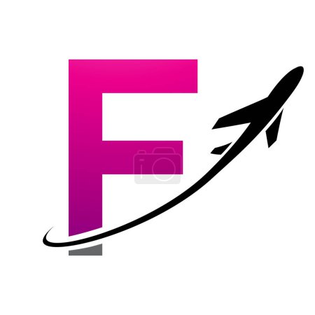 Illustration for Magenta and Black Uppercase Letter F Icon with an Airplane on a White Background - Royalty Free Image
