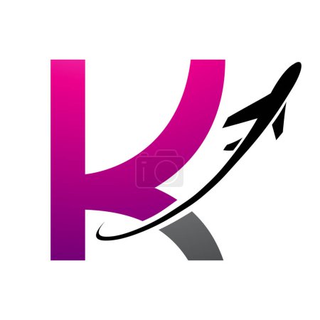 Illustration for Magenta and Black Uppercase Letter K Icon with an Airplane on a White Background - Royalty Free Image