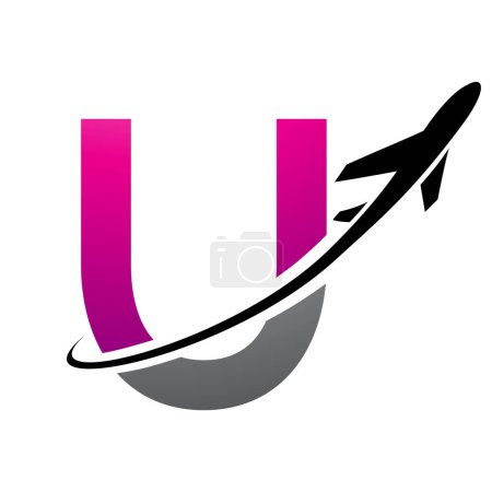 Illustration for Magenta and Black Uppercase Letter U Icon with an Airplane on a White Background - Royalty Free Image