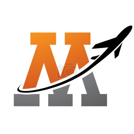 Illustration for Orange and Black Antique Letter M Icon with an Airplane on a White Background - Royalty Free Image