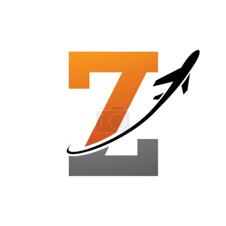 Illustration for Orange and Black Antique Letter Z Icon with an Airplane on a White Background - Royalty Free Image