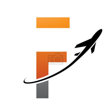 Illustration for Orange and Black Futuristic Letter F Icon with an Airplane on a White Background - Royalty Free Image