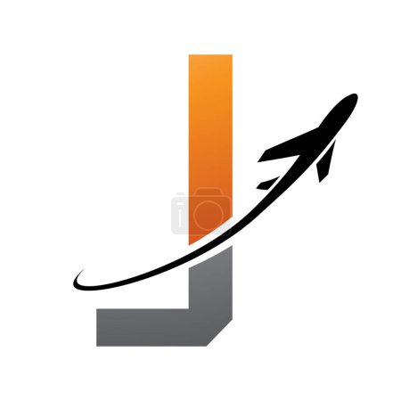 Illustration for Orange and Black Futuristic Letter J Icon with an Airplane on a White Background - Royalty Free Image