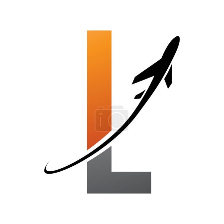 Illustration for Orange and Black Futuristic Letter L Icon with an Airplane on a White Background - Royalty Free Image