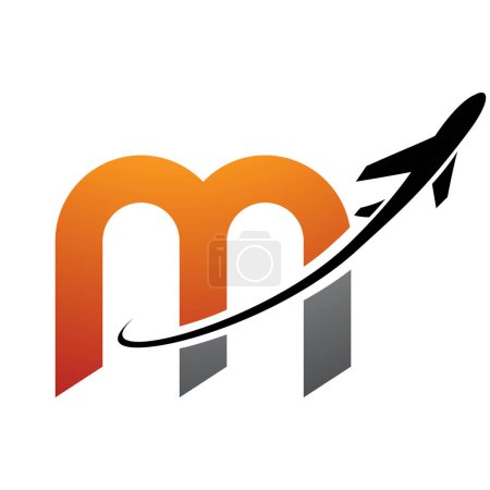 Illustration for Orange and Black Lowercase Letter M Icon with an Airplane on a White Background - Royalty Free Image