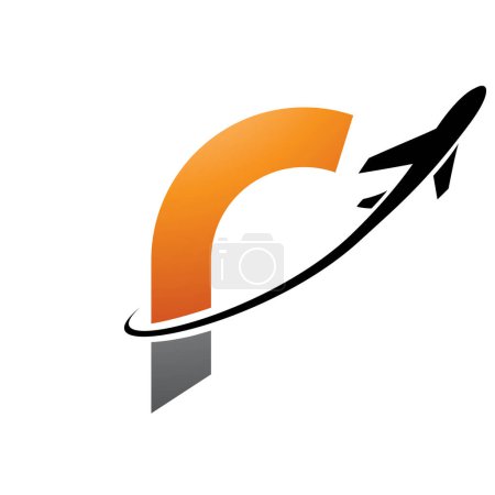 Illustration for Orange and Black Lowercase Letter R Icon with an Airplane on a White Background - Royalty Free Image