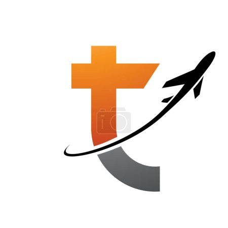 Téléchargez les illustrations : Icône T en minuscule orange et noire avec un avion sur fond blanc - en licence libre de droit
