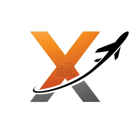Illustration for Orange and Black Lowercase Letter X Icon with an Airplane on a White Background - Royalty Free Image