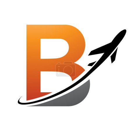 Ilustración de Icono de letra B mayúscula naranja y negra con un avión sobre fondo blanco - Imagen libre de derechos
