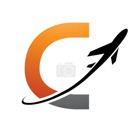 Illustration for Orange and Black Uppercase Letter C Icon with an Airplane on a White Background - Royalty Free Image