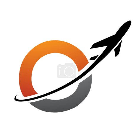 Illustration for Orange and Black Uppercase Letter O Icon with an Airplane on a White Background - Royalty Free Image