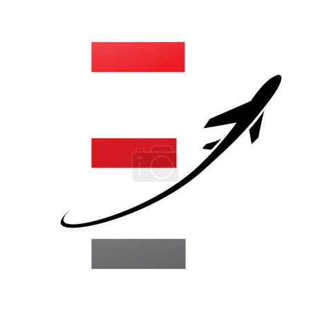 Illustration for Red and Black Futuristic Letter E Icon with an Airplane on a White Background - Royalty Free Image